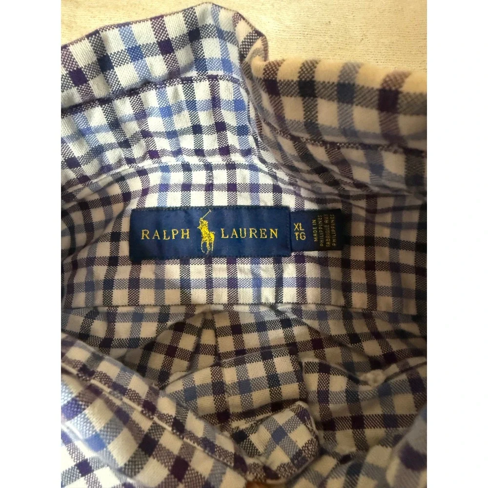 Polo Ralph Lauren Button Down Shirt Mens 2XL Blue Purple Plaid Long Sleeve Pony